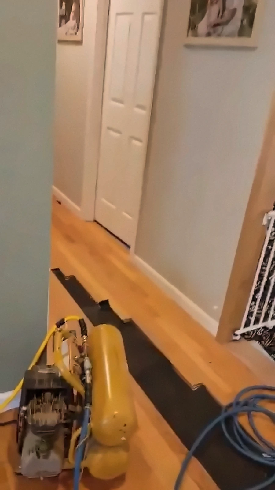 Damaged boards cut out of a hallway floor, ready for new boards to be woven in