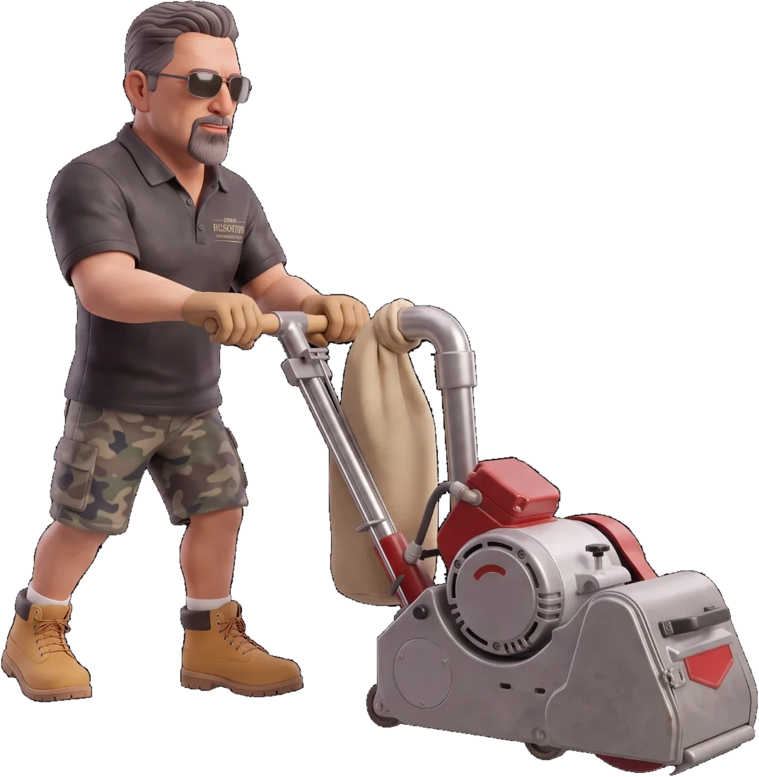 Animated Jovan Russotto pushing a drum floor sander with its dust bag