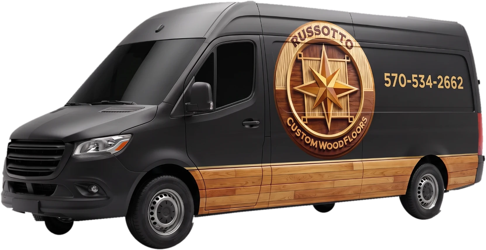 The Russotto Custom Wood Floors van, wrapped with the company medallion, phone number 570-534-2662 and an oak trim