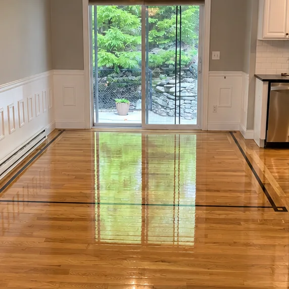 Dining room with a chandelier, floor restored to a glossy finish