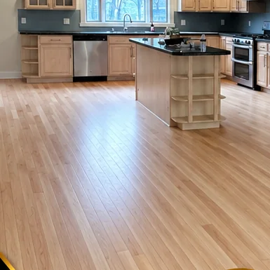 Kitchen with an island, floor restored